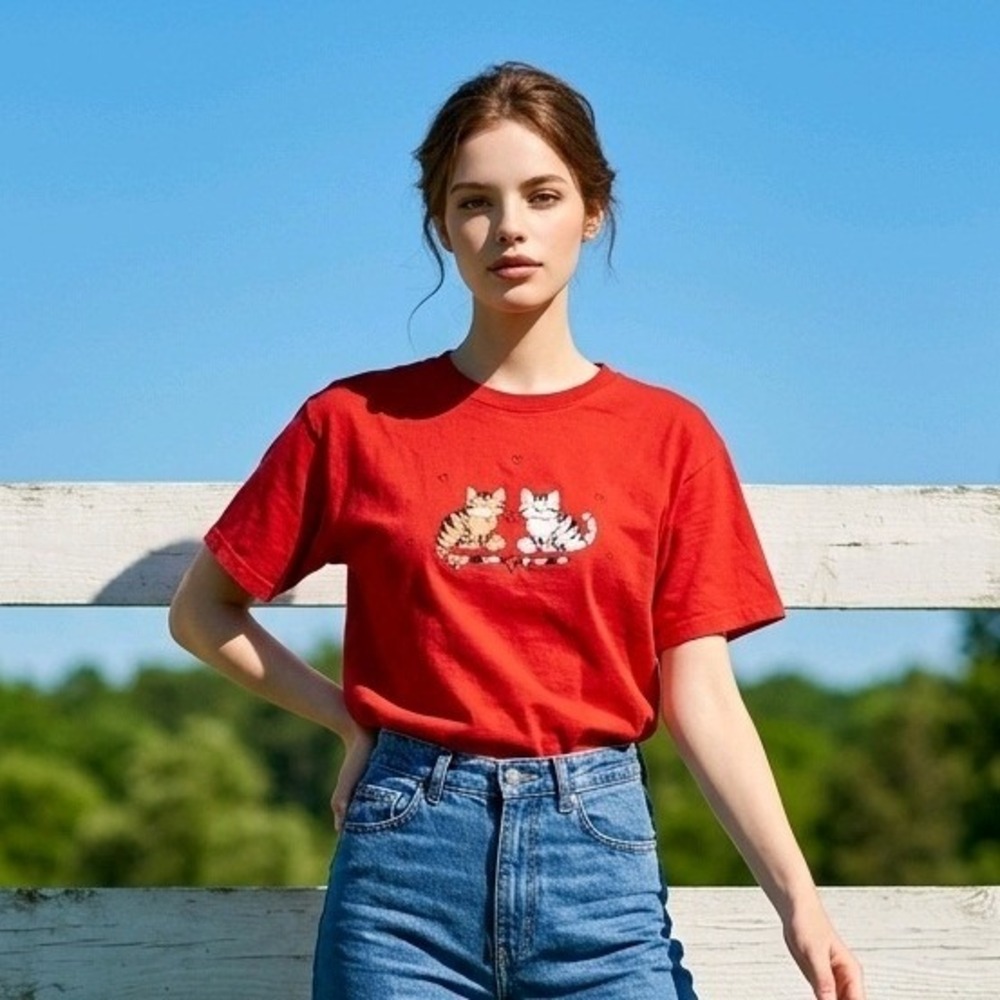Top Stitch by Morning Sun M Vintage Red Cat Graphic T-Shirt Medium 90's Retro